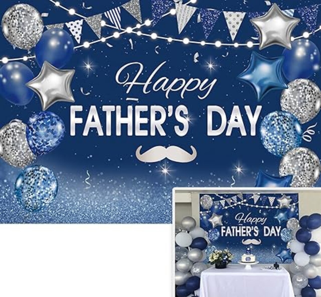 Blue Silver Happy Fathers Day Background I Love Dad Glitter Balloons Stars Decoration Thank You Dad Party Backdrop Cake Table Banner Booth Props (7x5ft)